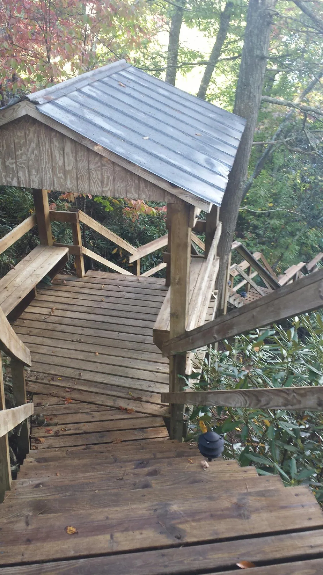 Metal roofed shelter over wooden steps on a wooded walkway — Skylight Repair & Installation work by our crew in Cave Spring